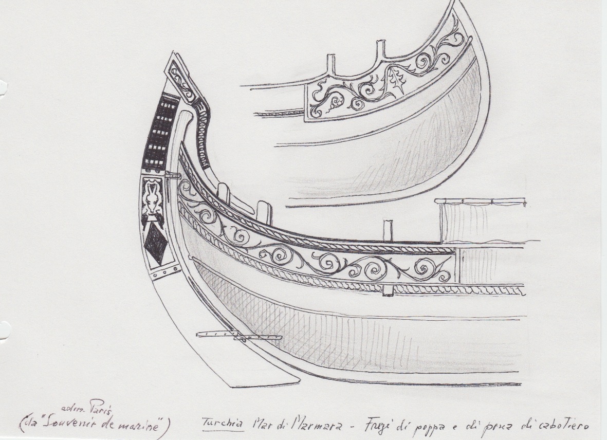 096 Turchia - Mar di Marmara - fregi di poppa e di prua di cabotiero - da adm. Paris 'Souvenir de  marine'